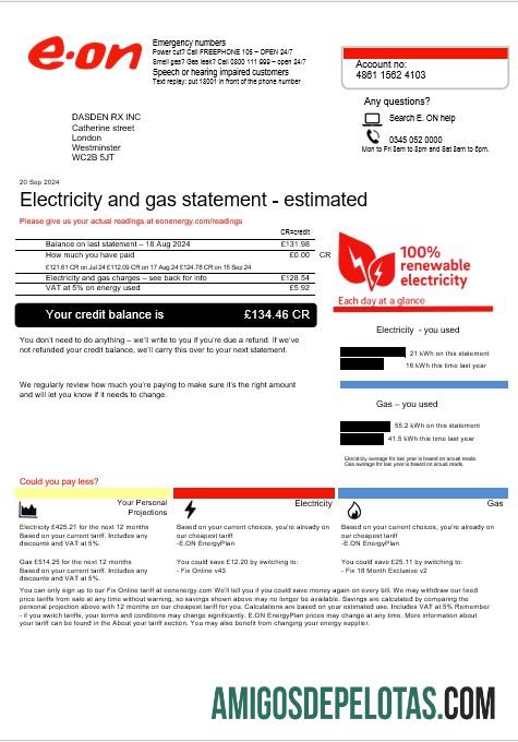 imprimível Modelo de conta de serviços públicos E.ON do Reino Unido em formatos Word e PDF, versão 4